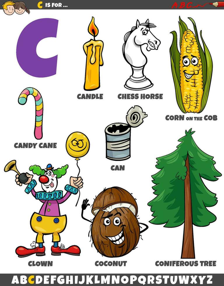 Letter C set with cartoon objects and characters vector