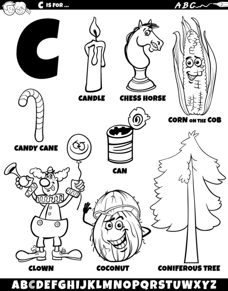 Letter C set with cartoon objects and characters coloring page vector