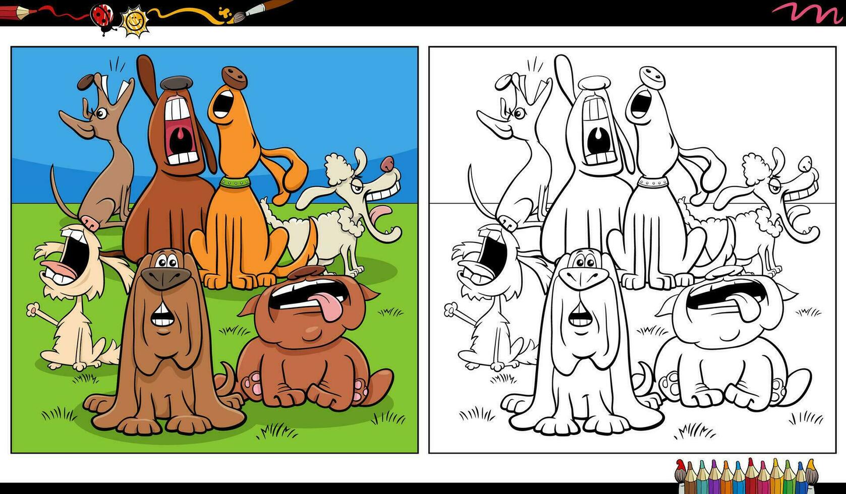 cartoon howling or barking dogs group coloring page vector