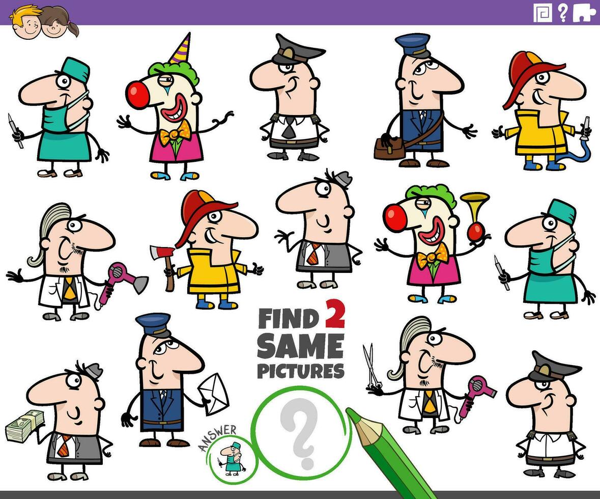 find two same cartoon people of various professions vector