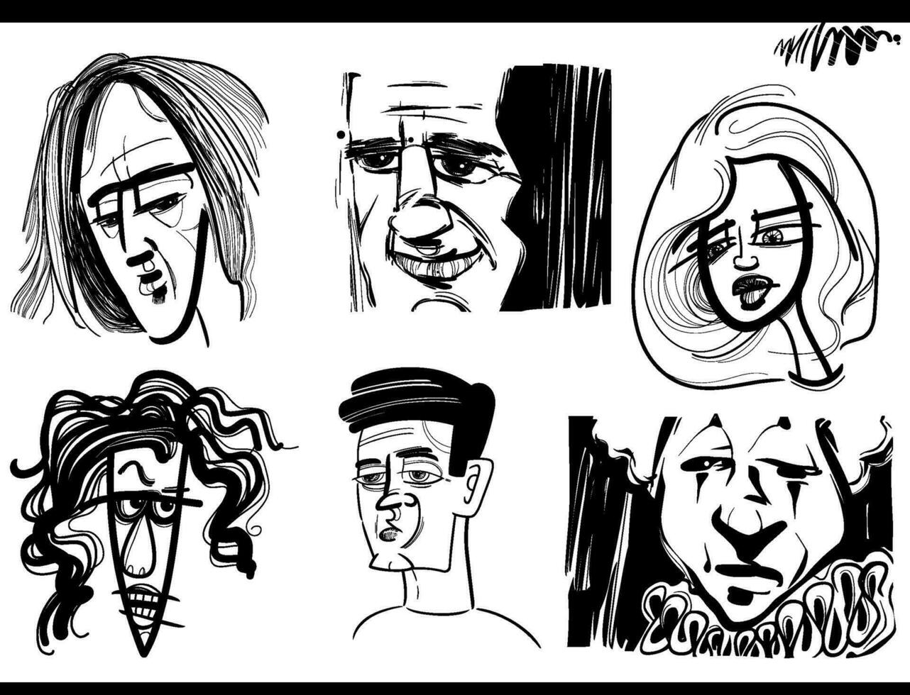 black and white people drawings cartoon illustrations set vector