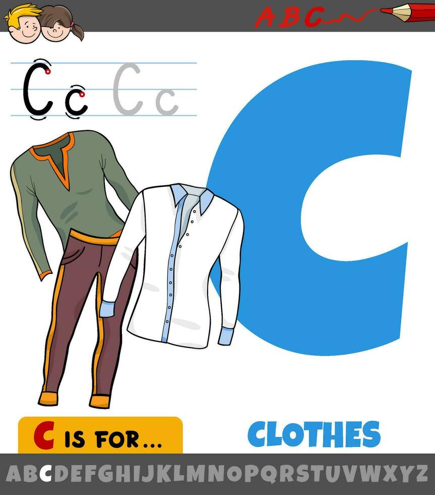letter C from alphabet with cartoon clothes objects vector