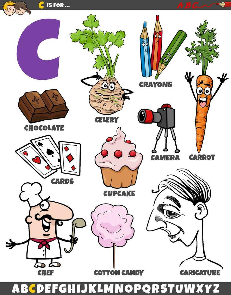 Letter C set with cartoon objects and characters vector