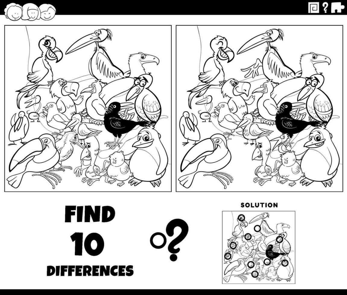 differences game with cartoon birds characters coloring page vector