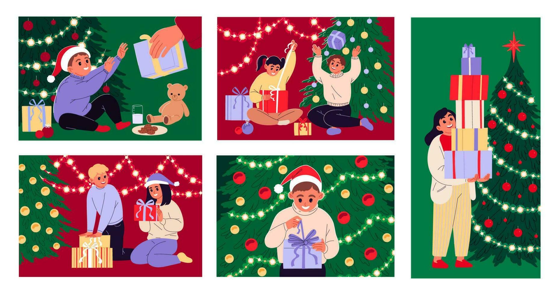 conjunto de niños con Navidad y nuevo años regalos vector