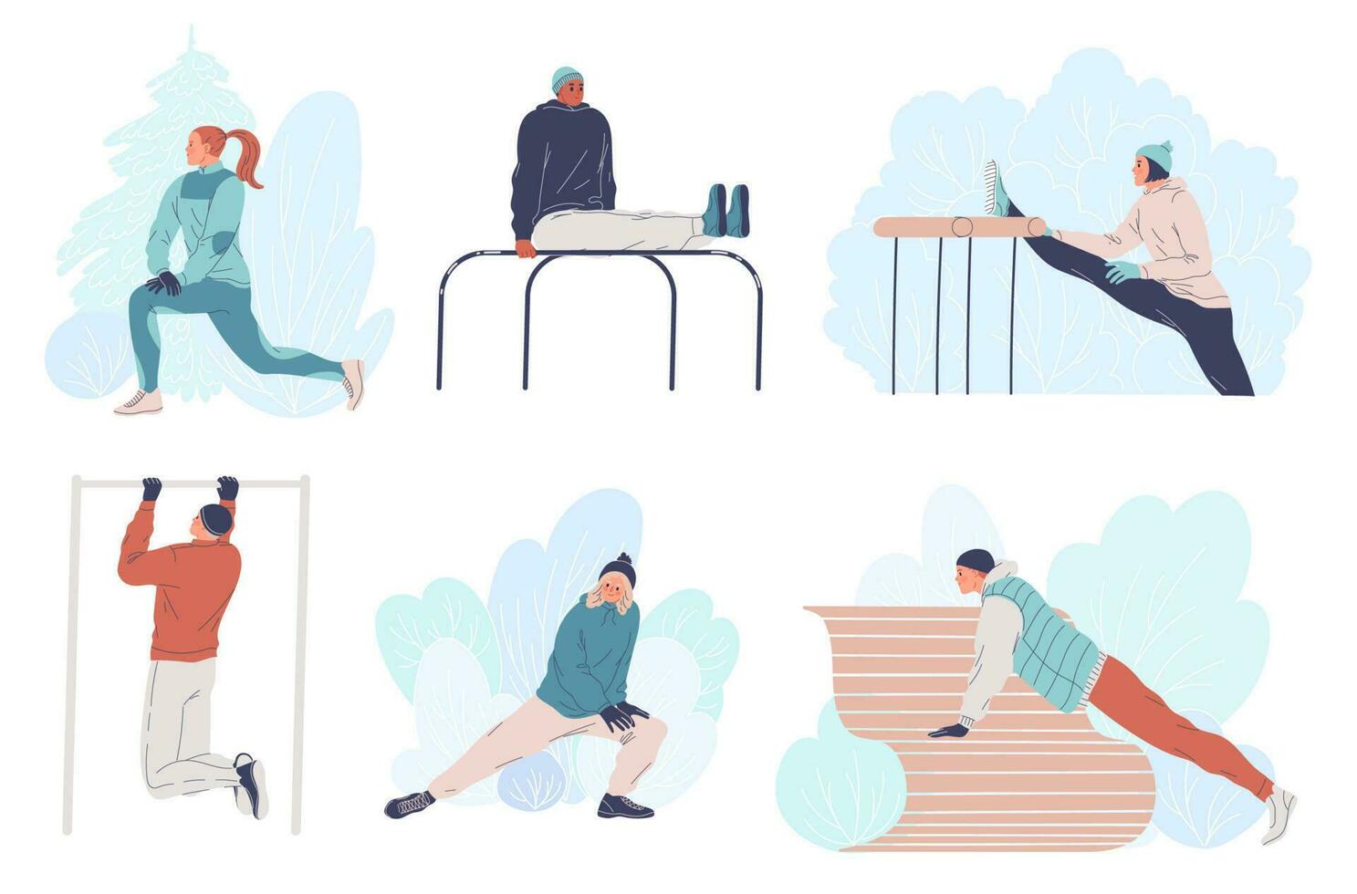 People working out outdoors in the winter. Athletes exercise. Winter training vector