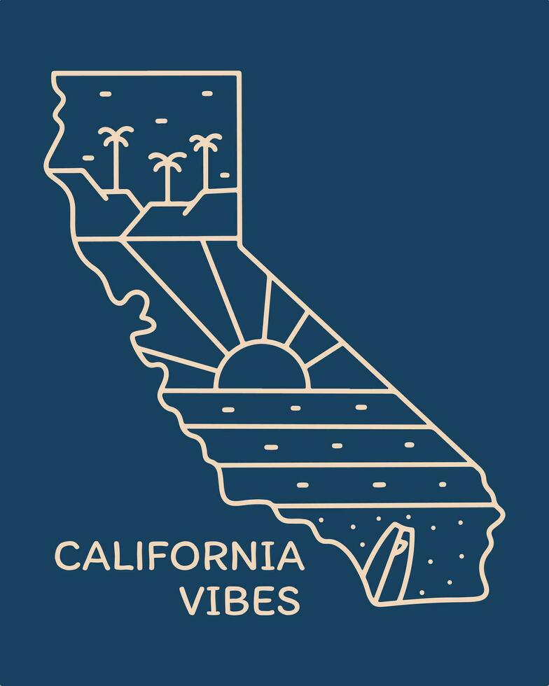 Summer beach design in California map mono line illustration vector