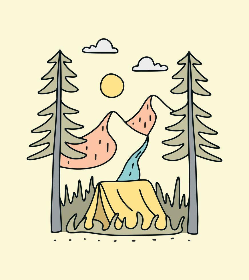 Explore the nature with camping in the mountain monoline vector illustration for t shirt sticker badge design