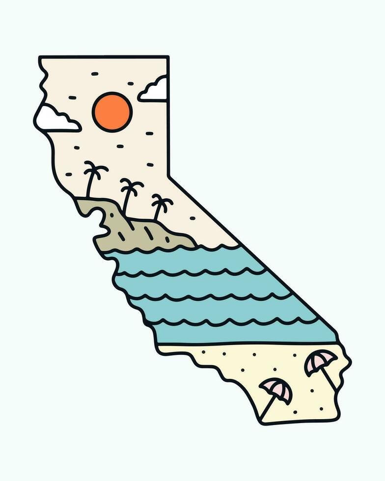 California map with summer beach design inside monoline illustration for t shirt sticker badge design vector