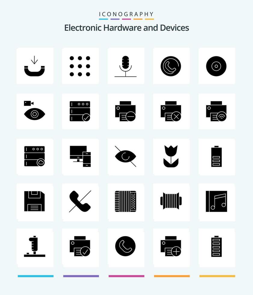 Creative Devices 25 Glyph Solid Black icon pack  Such As cam. disc. mic. blu-ray. phone vector