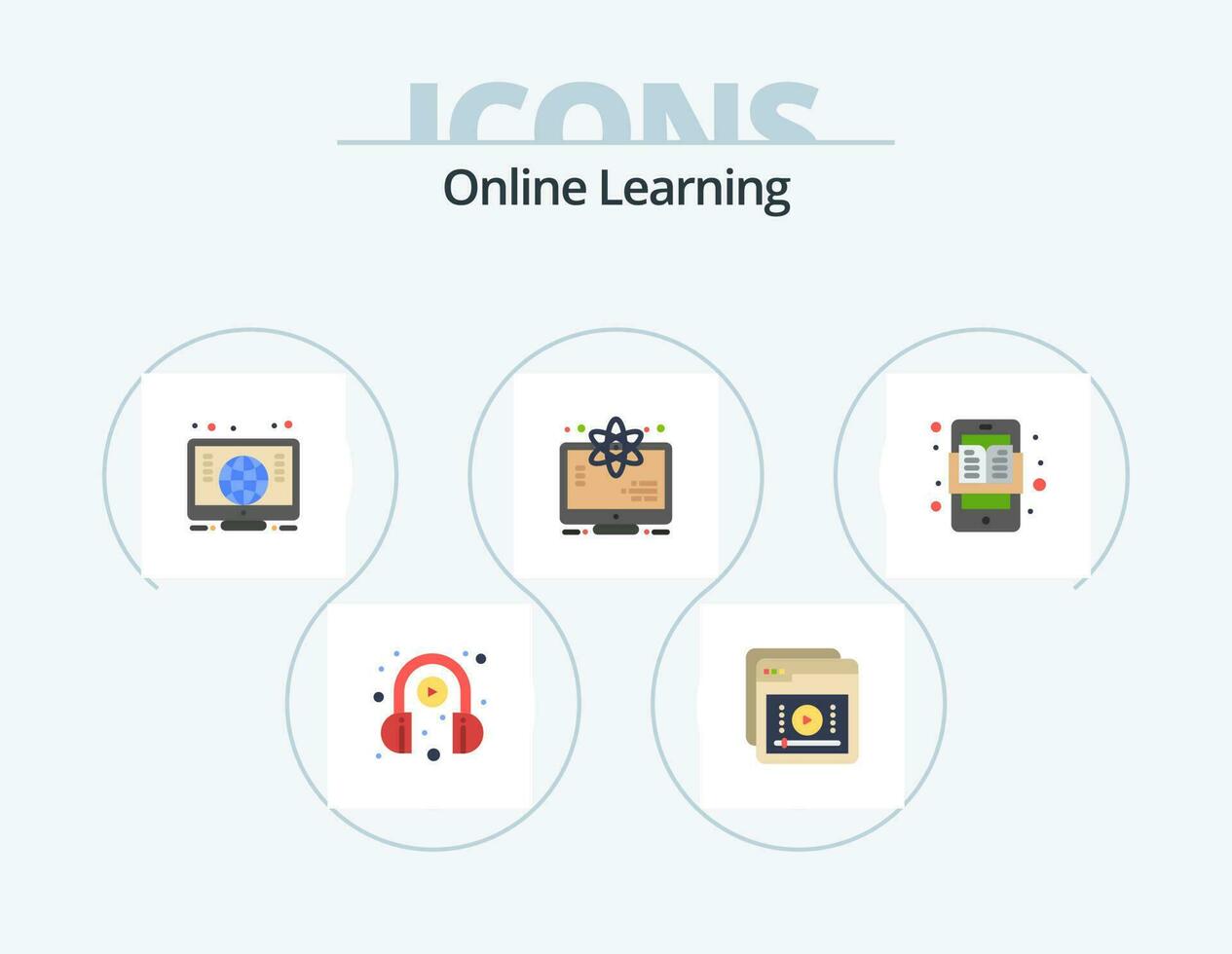 Online Learning Flat Icon Pack 5 Icon Design. education apps. space. online. science. atom vector