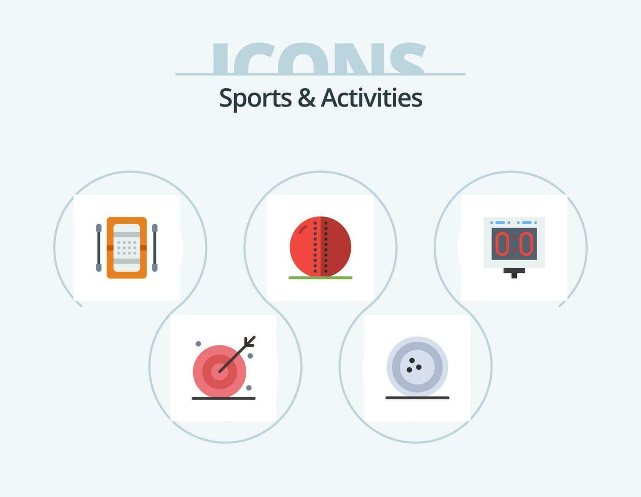 Sports and Activities Flat Icon Pack 5 Icon Design. leather ball. cricket ball. skittles. kayak. boat vector