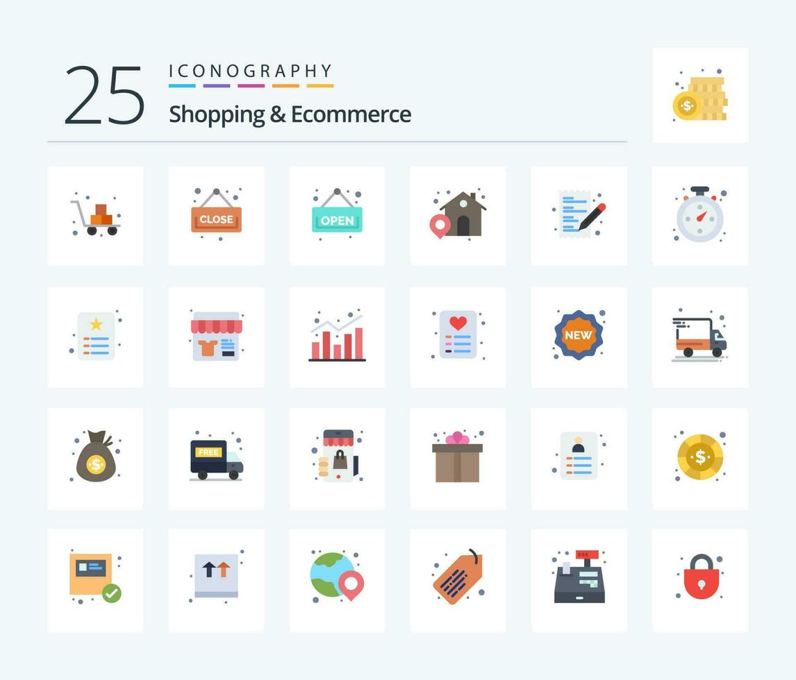 Shopping  Ecommerce 25 Flat Color icon pack including shopping. list. open. ecommerce. house vector