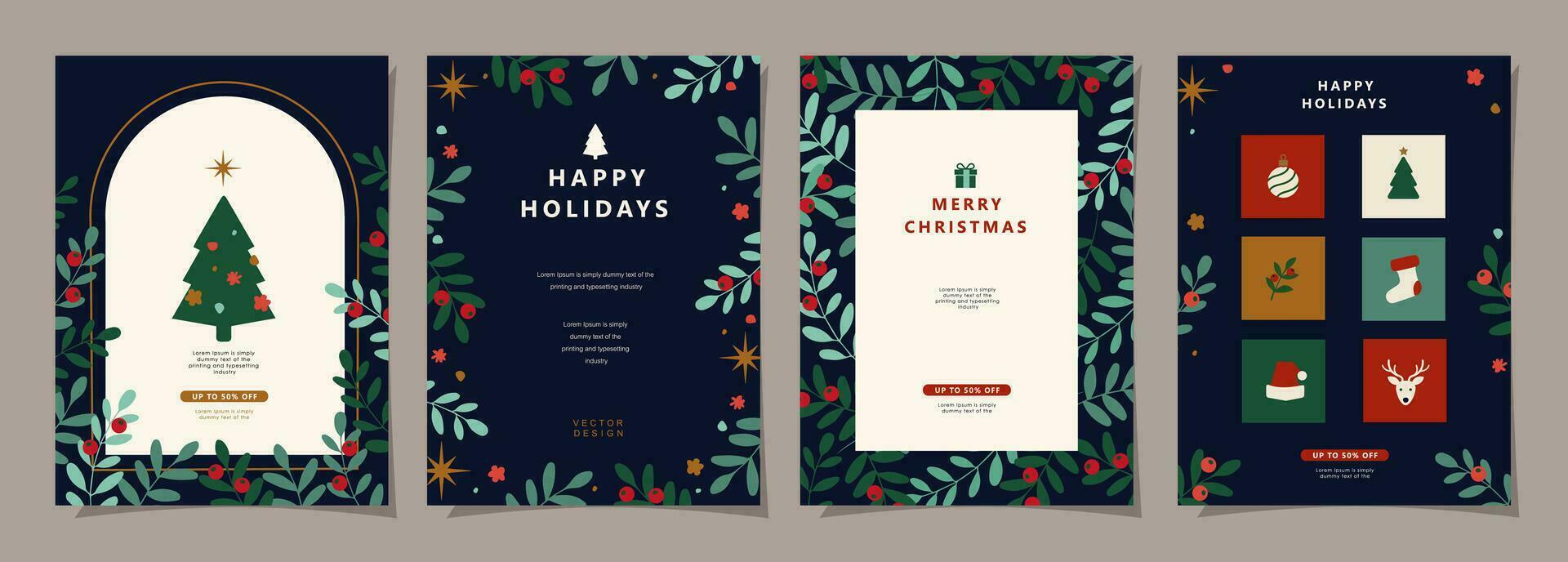 Set of Merry Christmas and Happy New Year background. Greeting and invitation card, web banner, holiday cover, flyer, poster design templates. Modern flat vector illustration.