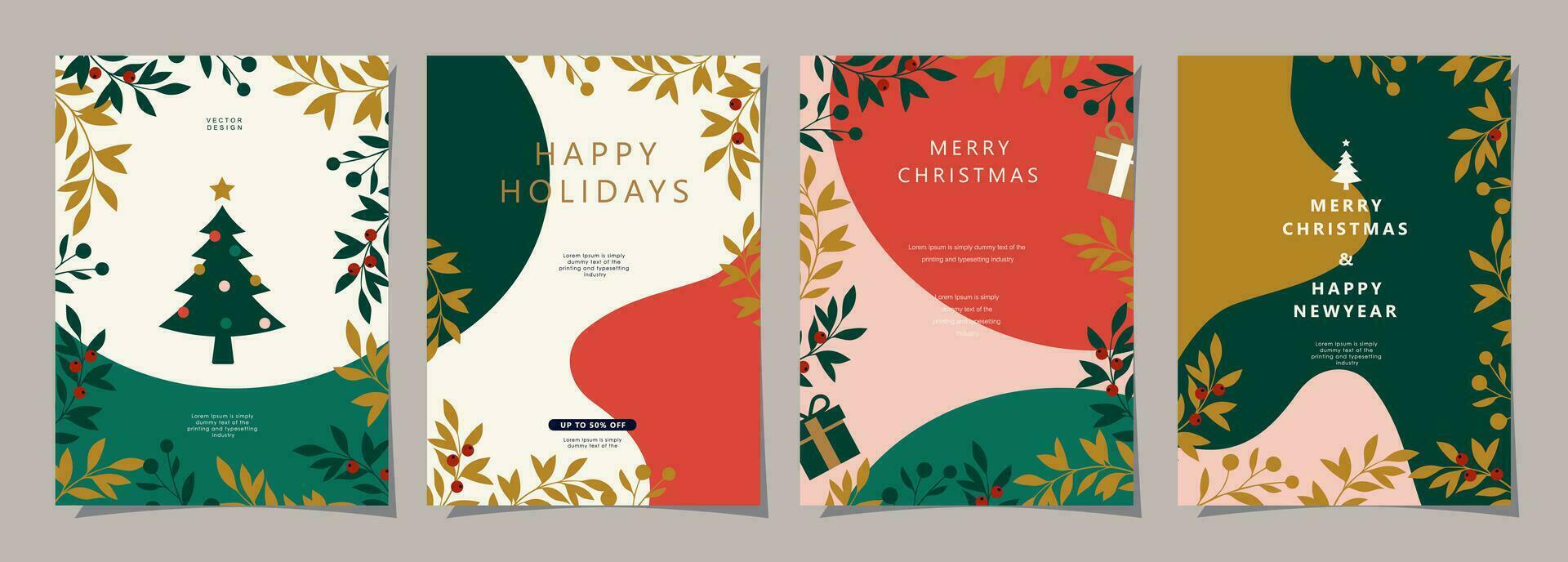 Set of Merry Christmas and Happy New Year background. Greeting and invitation card, web banner, holiday cover, flyer, poster design templates. Modern flat vector illustration.