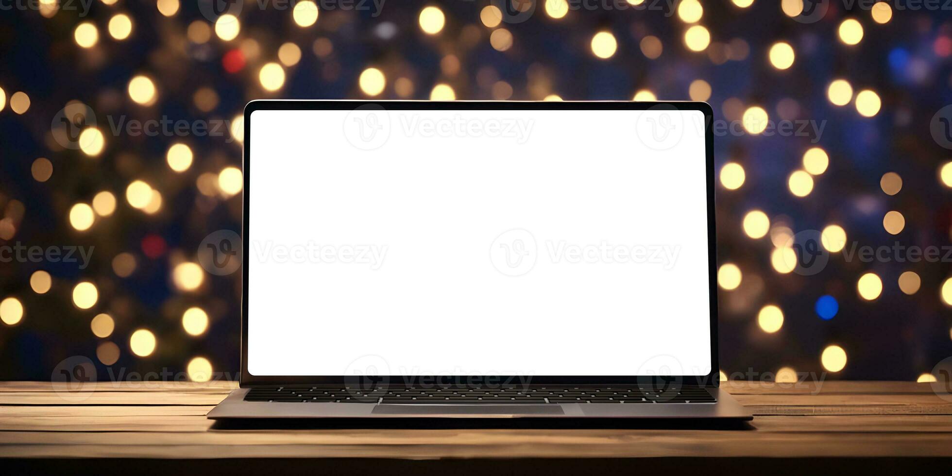 Laptop with blank screen on wooden table in front of bokeh lights background. photo