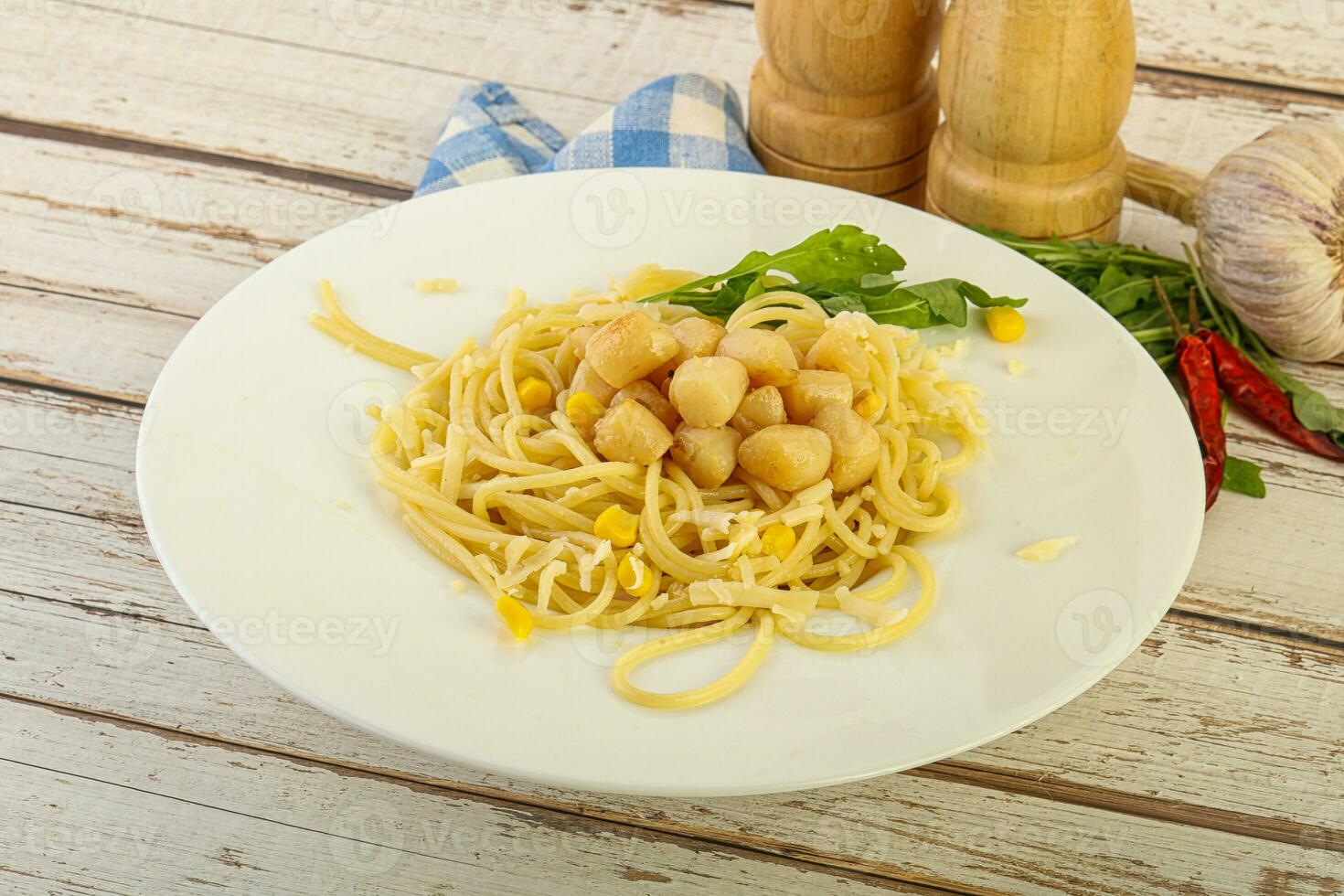 Delicous Pasta with scallop seafood photo