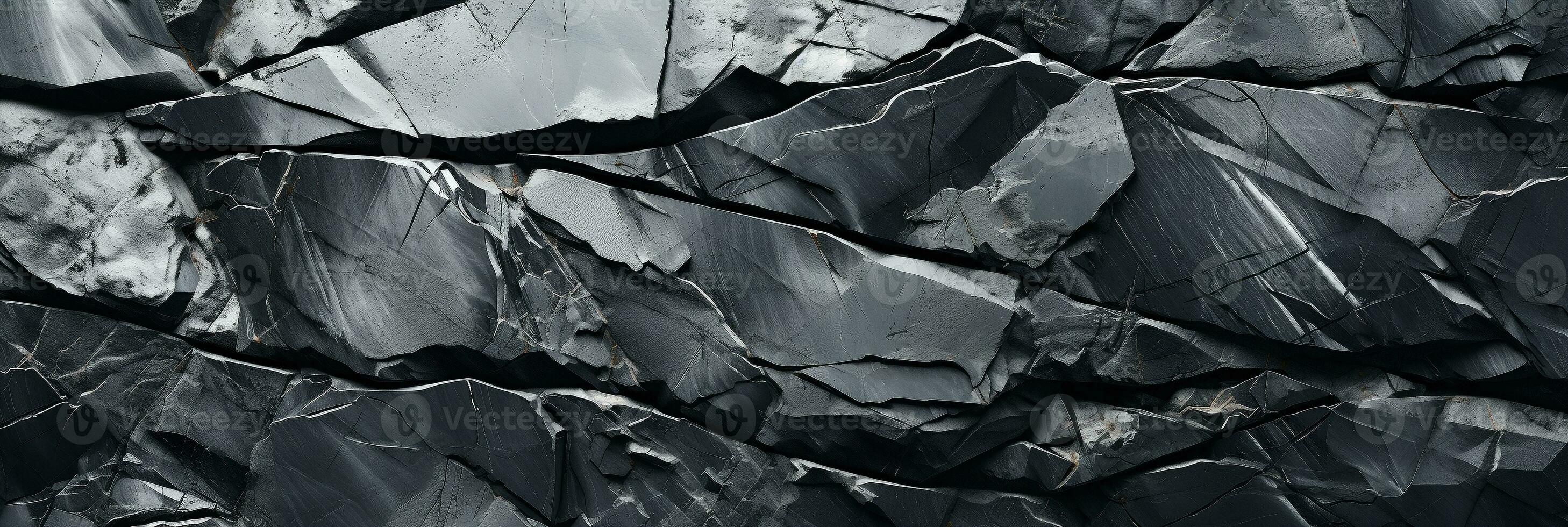 AI generated Black stone texture with cracks. Panoramic grunge abstract natural granite marble dark gray rock background with copy space photo