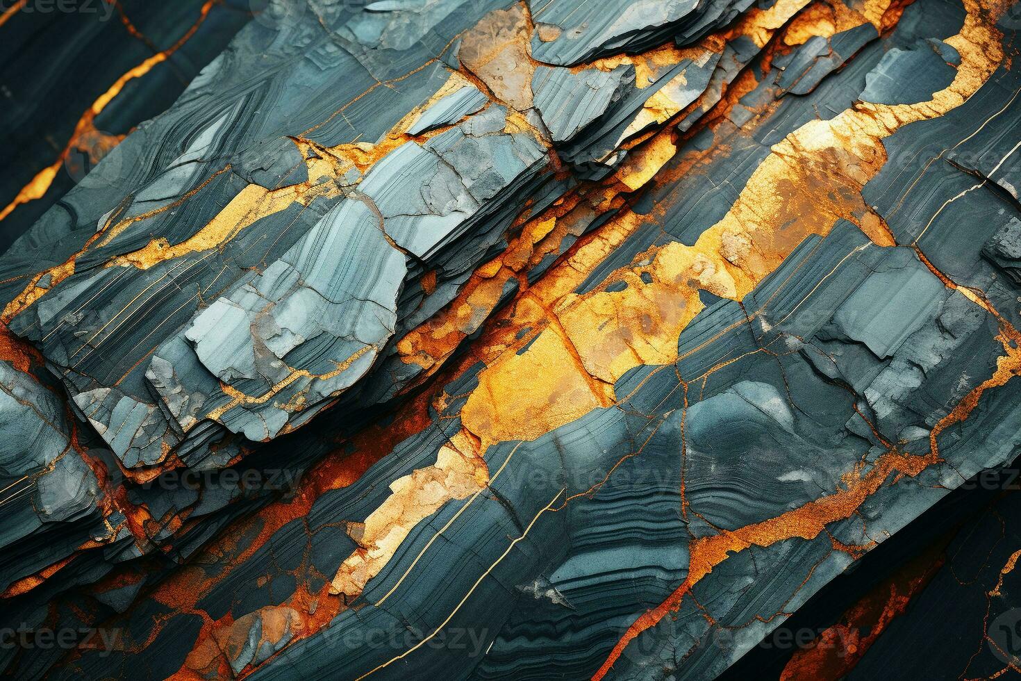 AI generated Gold and teal stone texture with cracks. Abstract panoramic natural granite dark rock background with copy space. Grunge surface photo