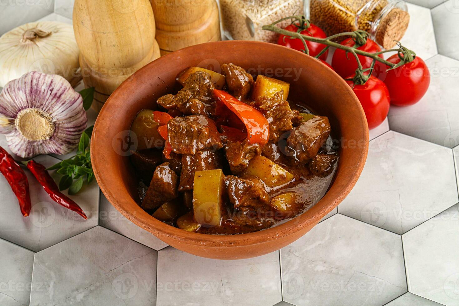 Homemade beef hungarian goulash with potato photo