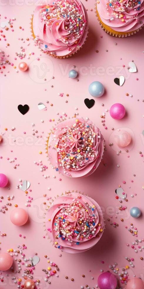 AI generated Birthday party pink and gold flat composition, cupcakes, balloons, confetti, banner concept giftcard, copy space, pink background photo