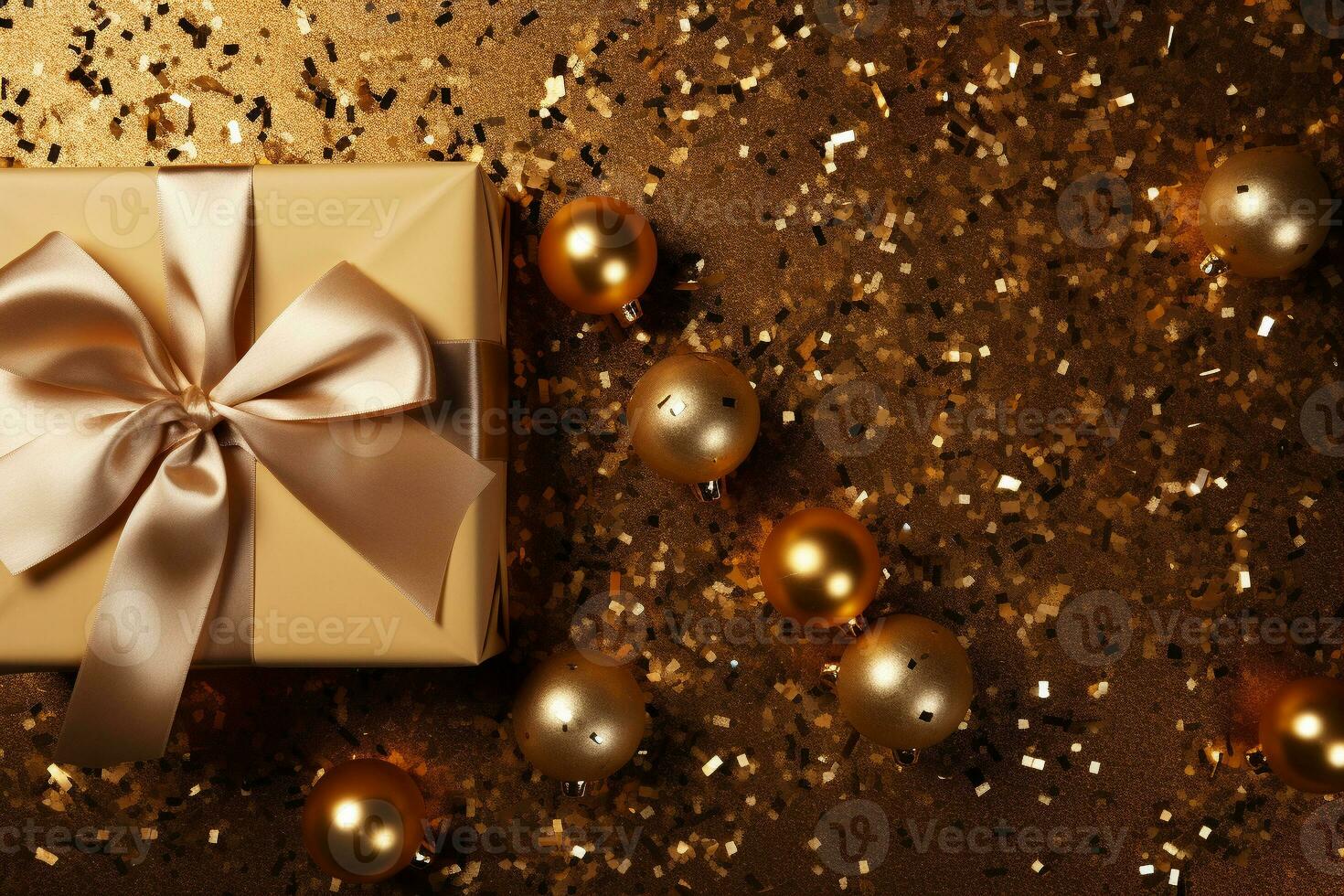 AI generated Festive birthday banner concept gold flat lay composition with balls ribbons, confetti, glitter giftcard copy space background photo