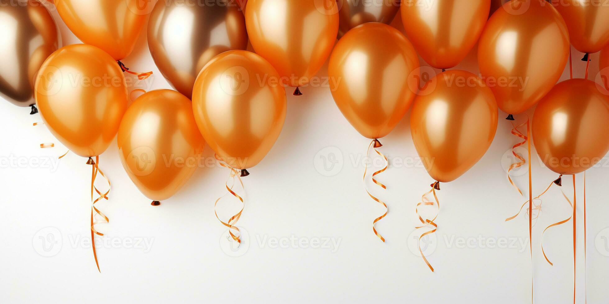AI generated Birthday party banner orange and gold composition, balloons, confetti, concept giftcard, copy space, white background photo