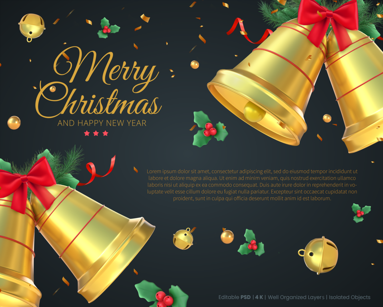 Merry Christmas Template With 3D Rendering Christmas Golden Bells And Christmas Mistletoes psd