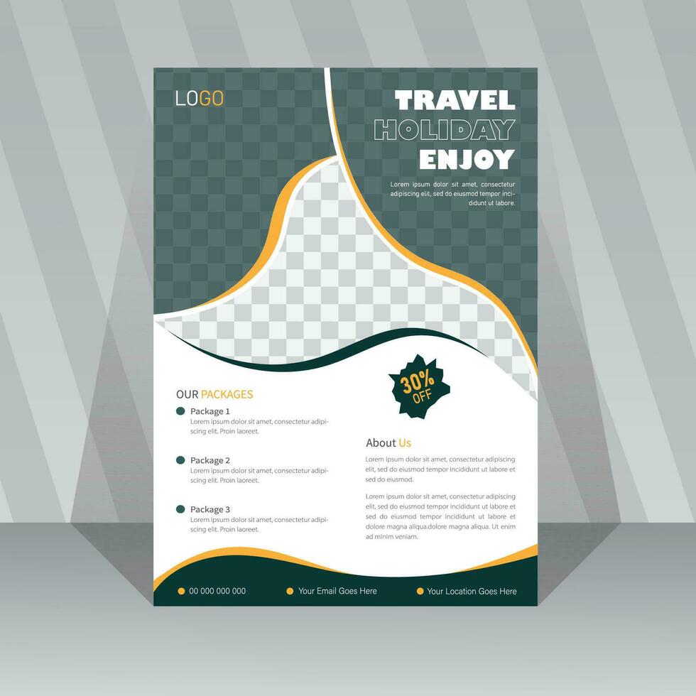 Travel Vacation Tour Agency Flyer Template Design. Modern Travel Flyer, template or flyer design on Beach view background. Flyer design for Tour and Travel Business concept. vector