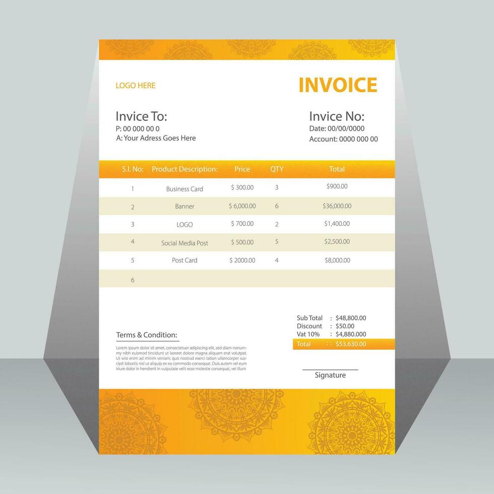Corporate invoice design template with yellow color. vector