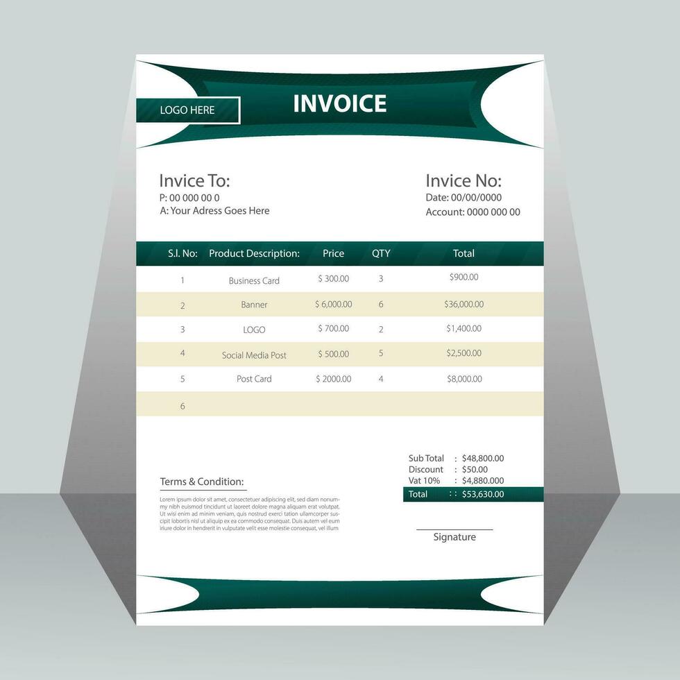 Modern green business invoice design template. vector