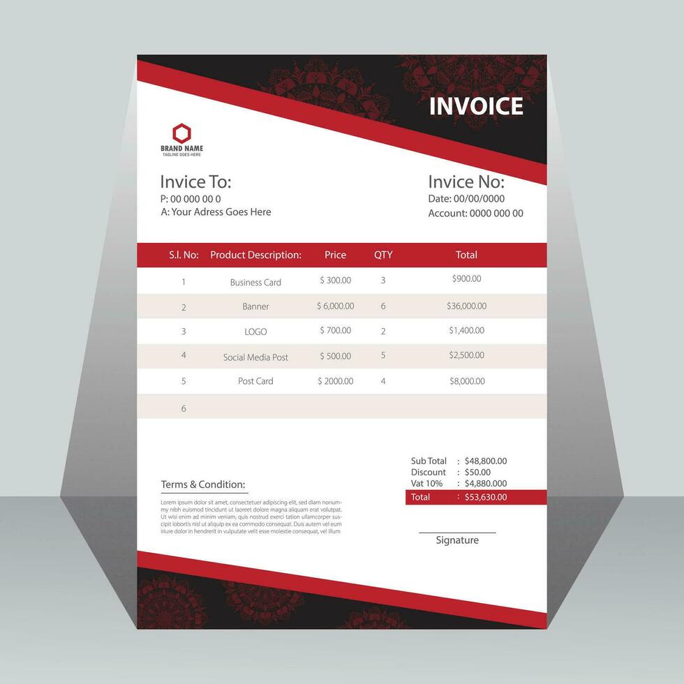 Creative modern invoice design template with red and black color. vector