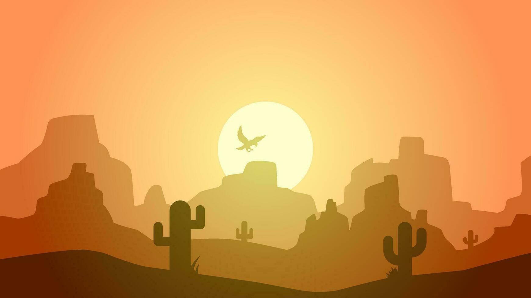 Desert landscape vector illustration. Scenery of rock desert with cactus and butte stone. Wild west desert panorama for illustration, background or wallpaper