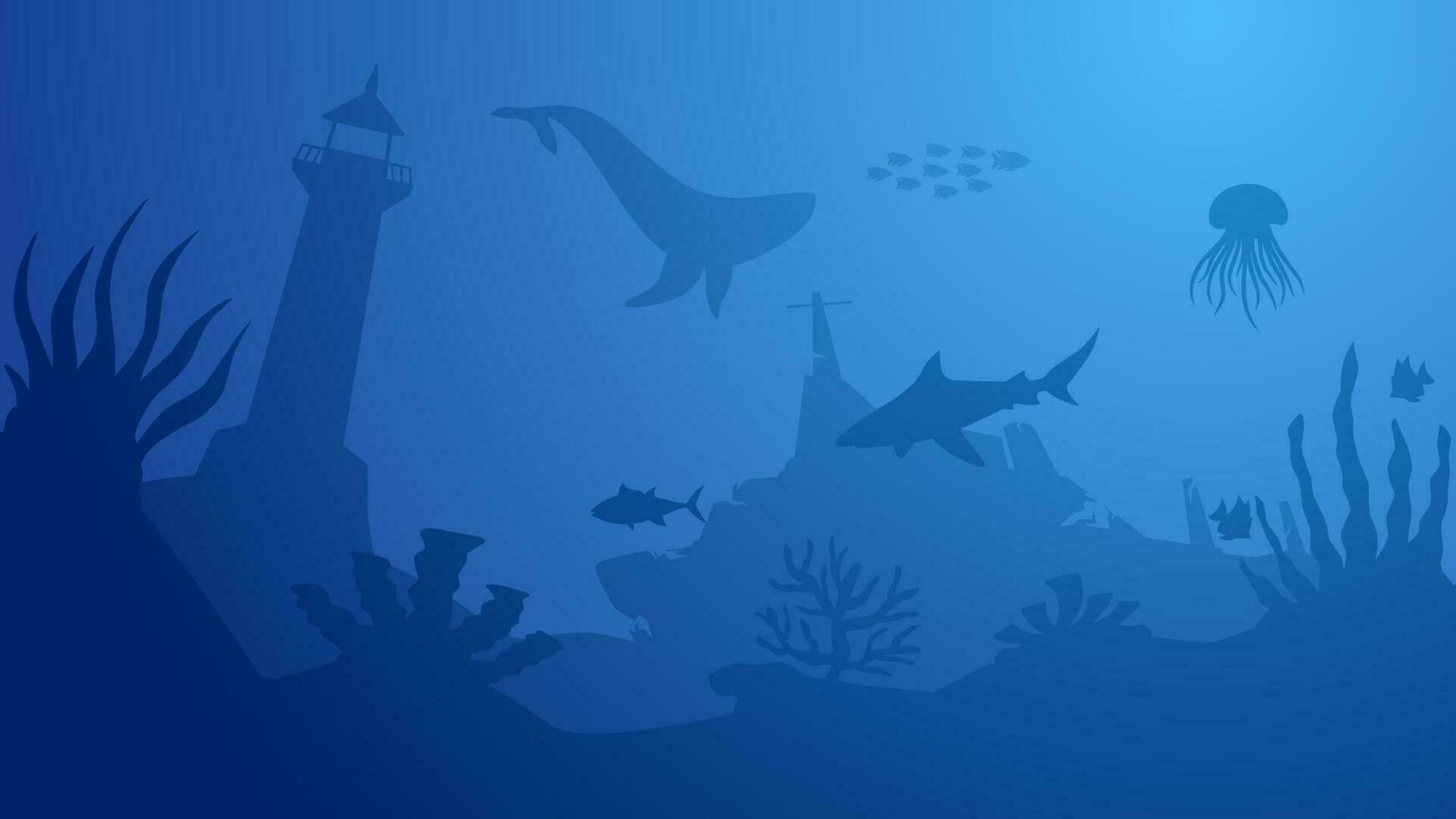 Seascape vector illustration. Scenery of sunken lighthouse and shipwreck at the bottom of the sea. Underwater panorama for illustration, background or wallpaper