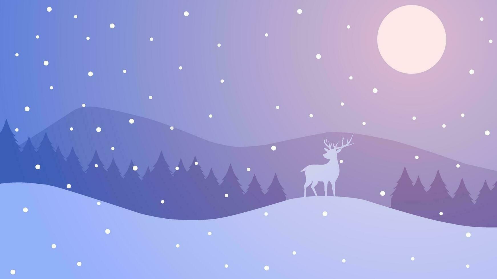 Winter season silhouette landscape vector illustration. Scenery of reindeer silhouette in the snowy pine forest hill. Panorama of deer cold season for illustration, background or wallpaper