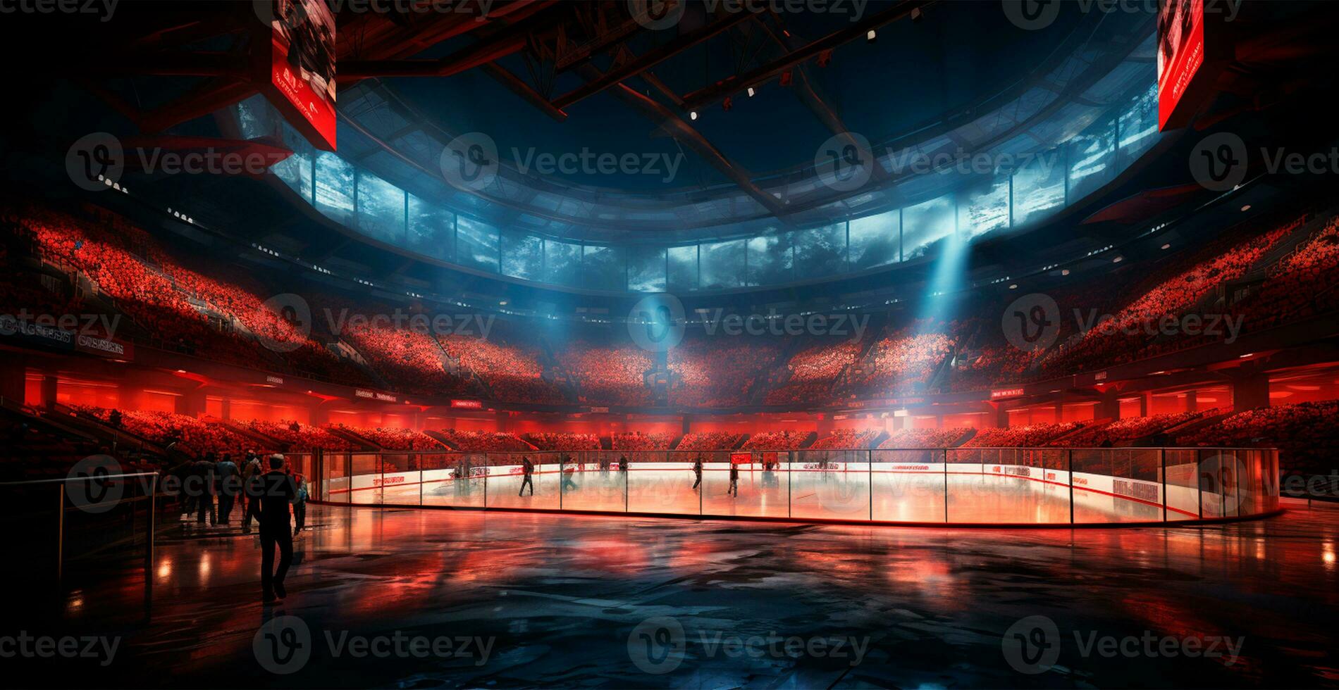 AI generated Hockey stadium, empty sports arena with ice rink, cold background - AI generated image photo