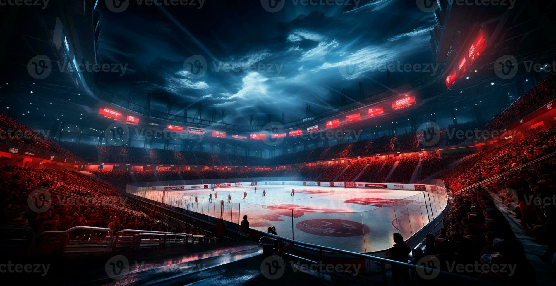 AI generated Hockey stadium, empty sports arena with ice rink, cold background - AI generated image photo
