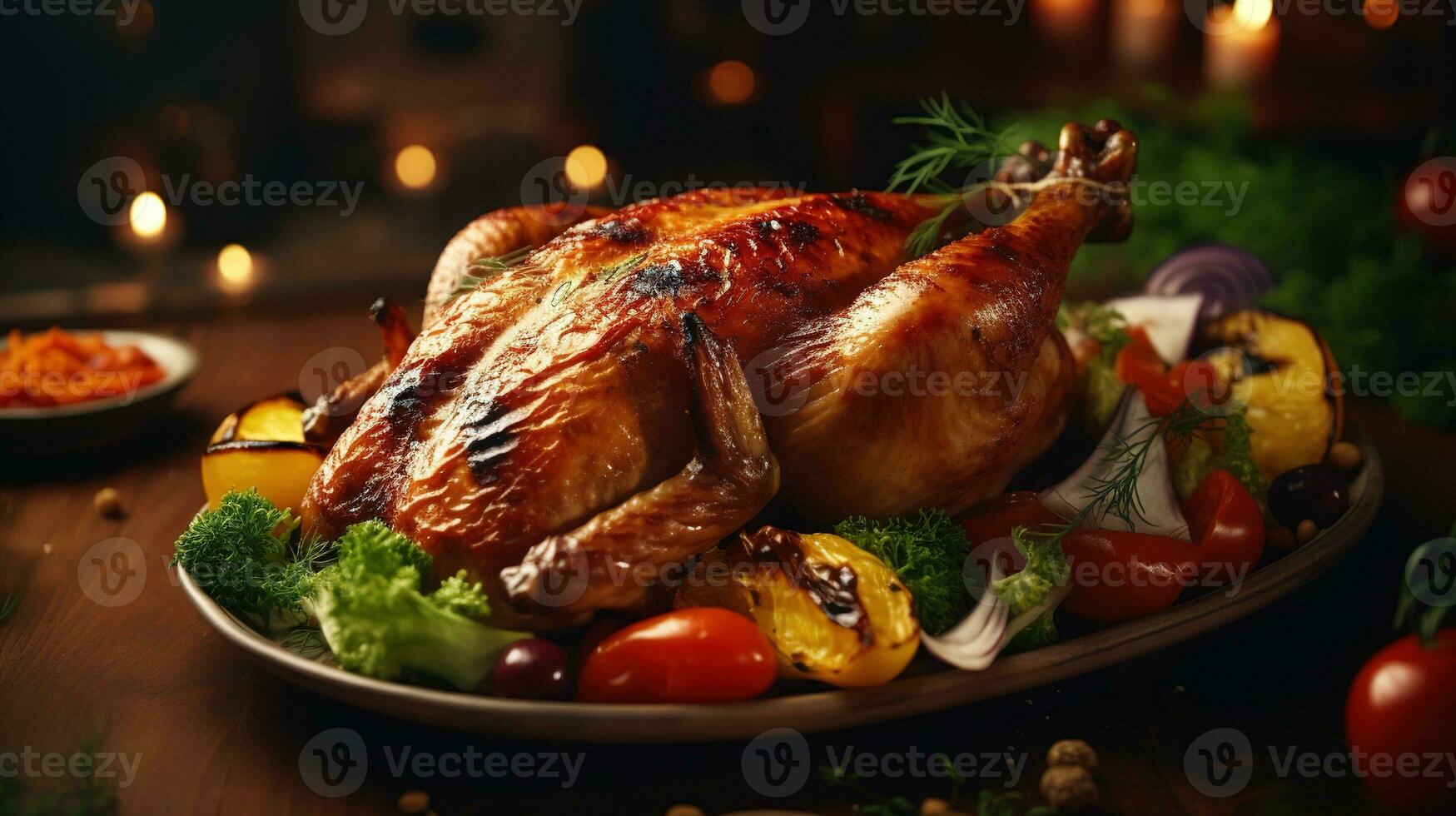 AI generated Delicious Roasted Chicken with Vegetables on the Wooden Table photo