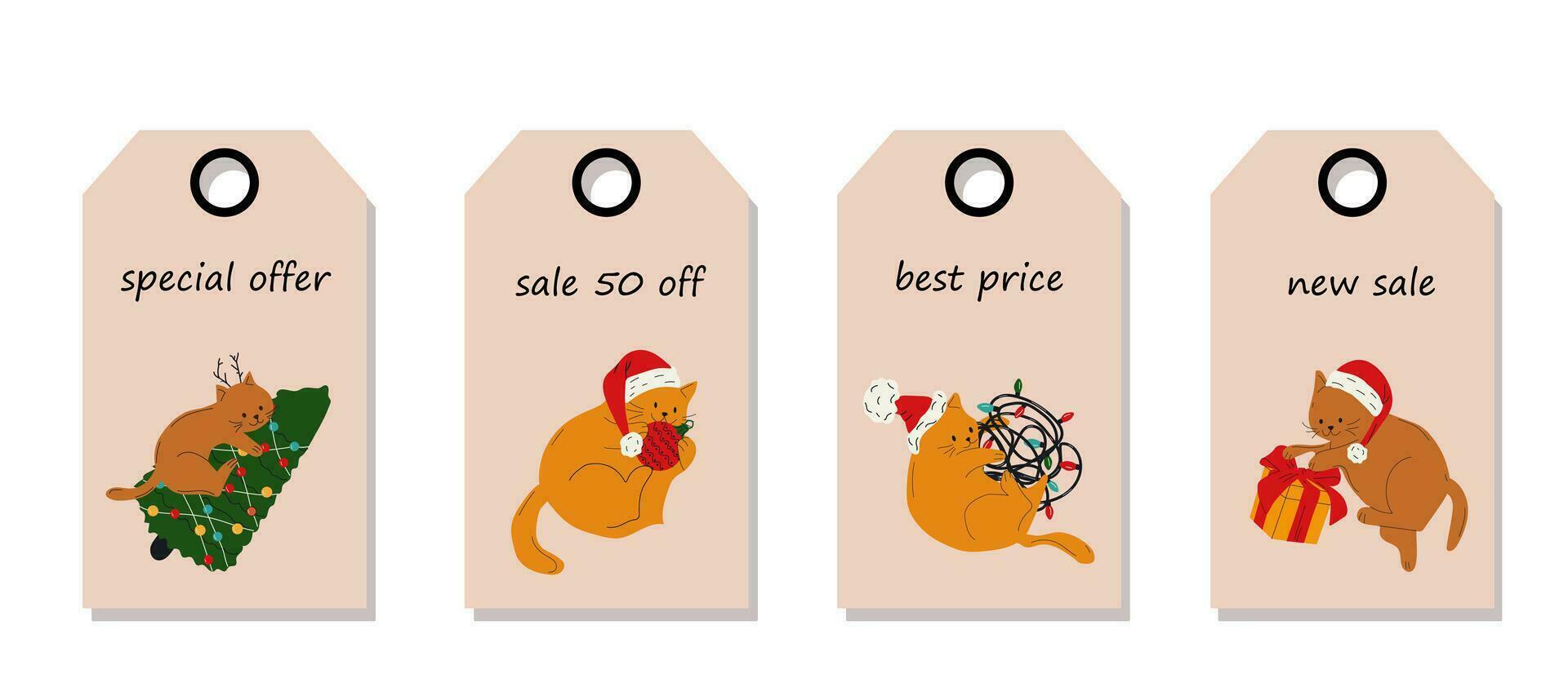 Vector set of discount price tags. Labels with Cute cats with christmas decoration. Christmas sale.