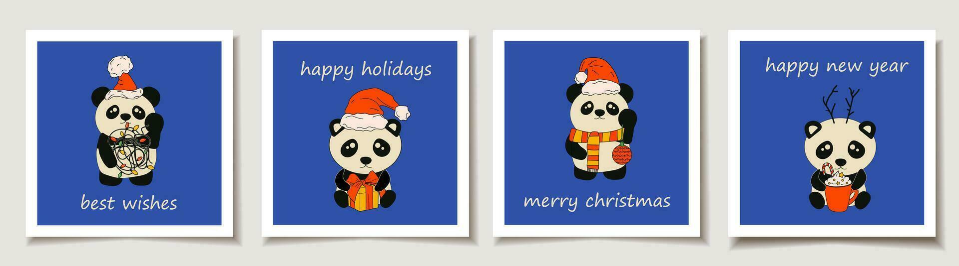 Christmas vector gift card or tag set Panda with decoration christmas. Merry christmas lettering, best wishes