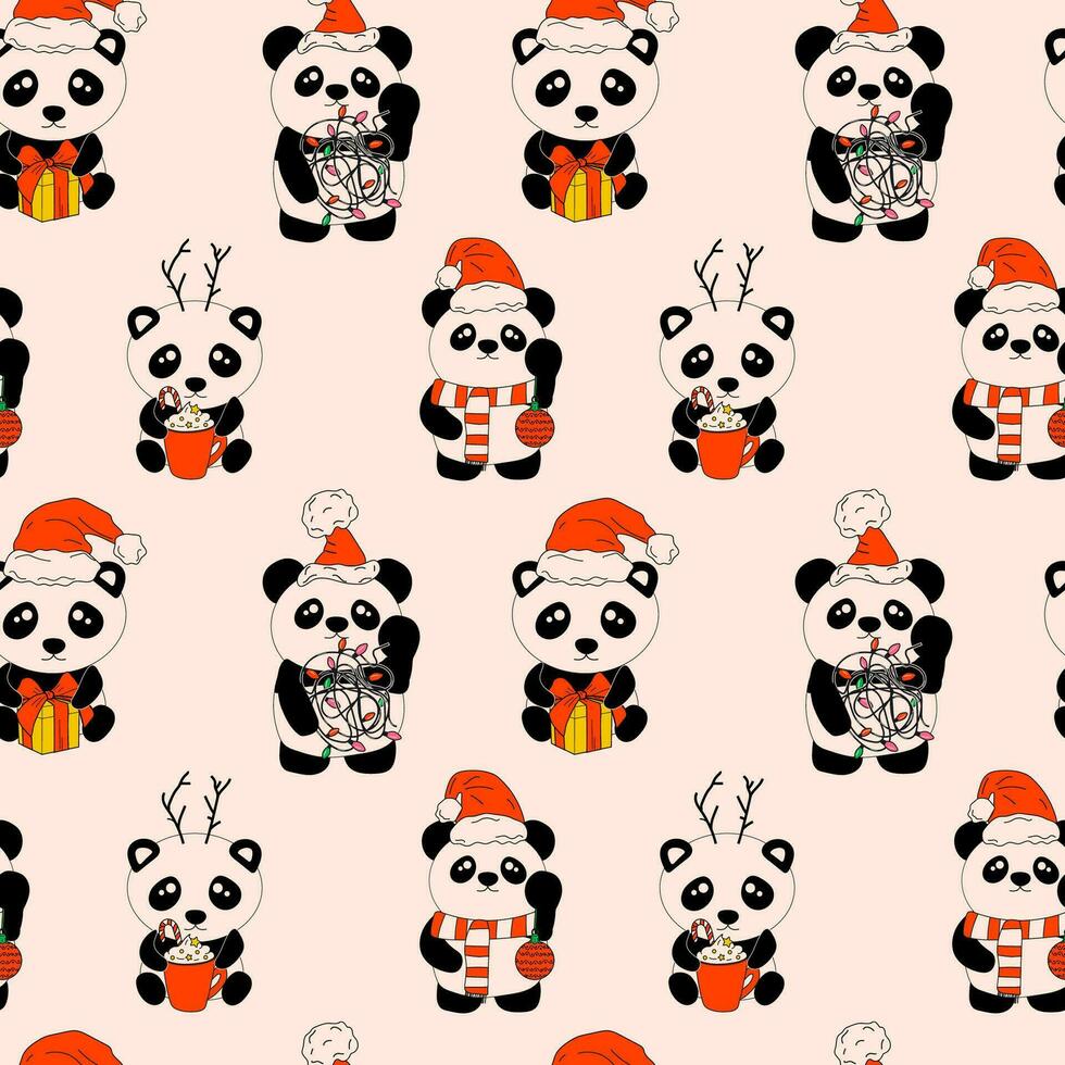 sin costura modelo con panda con decoración Navidad vector