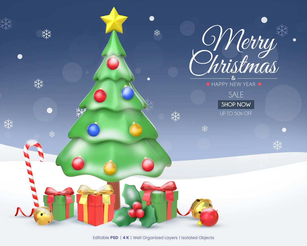 Merry Christmas Sale Template With 3D Rendering Christmas Tree With Christmas Elements psd