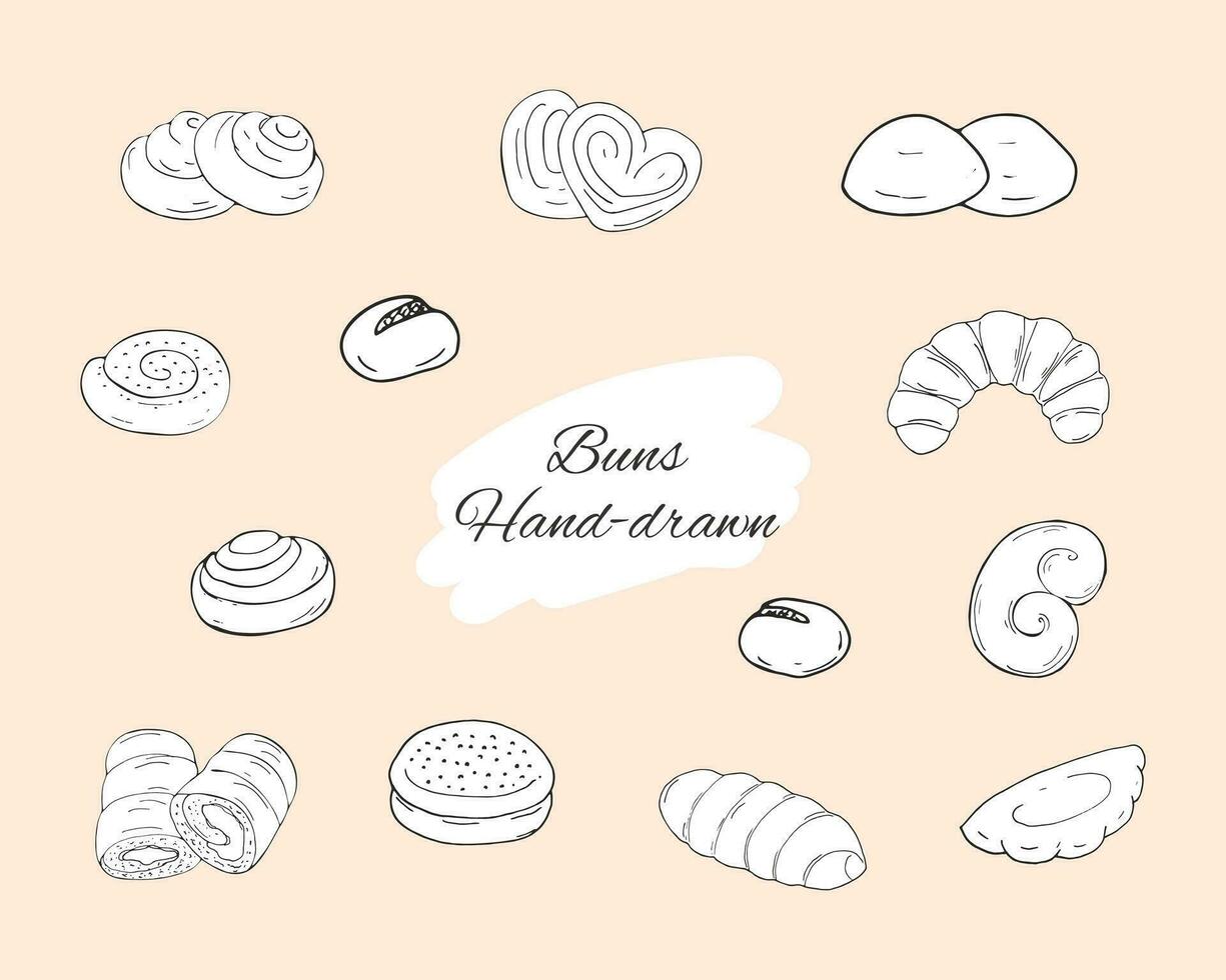 Bakery pastry products.  Backing doodle set of buns. Hand-drawn bagels set. Vector sketch illustration isolated on a white background.
