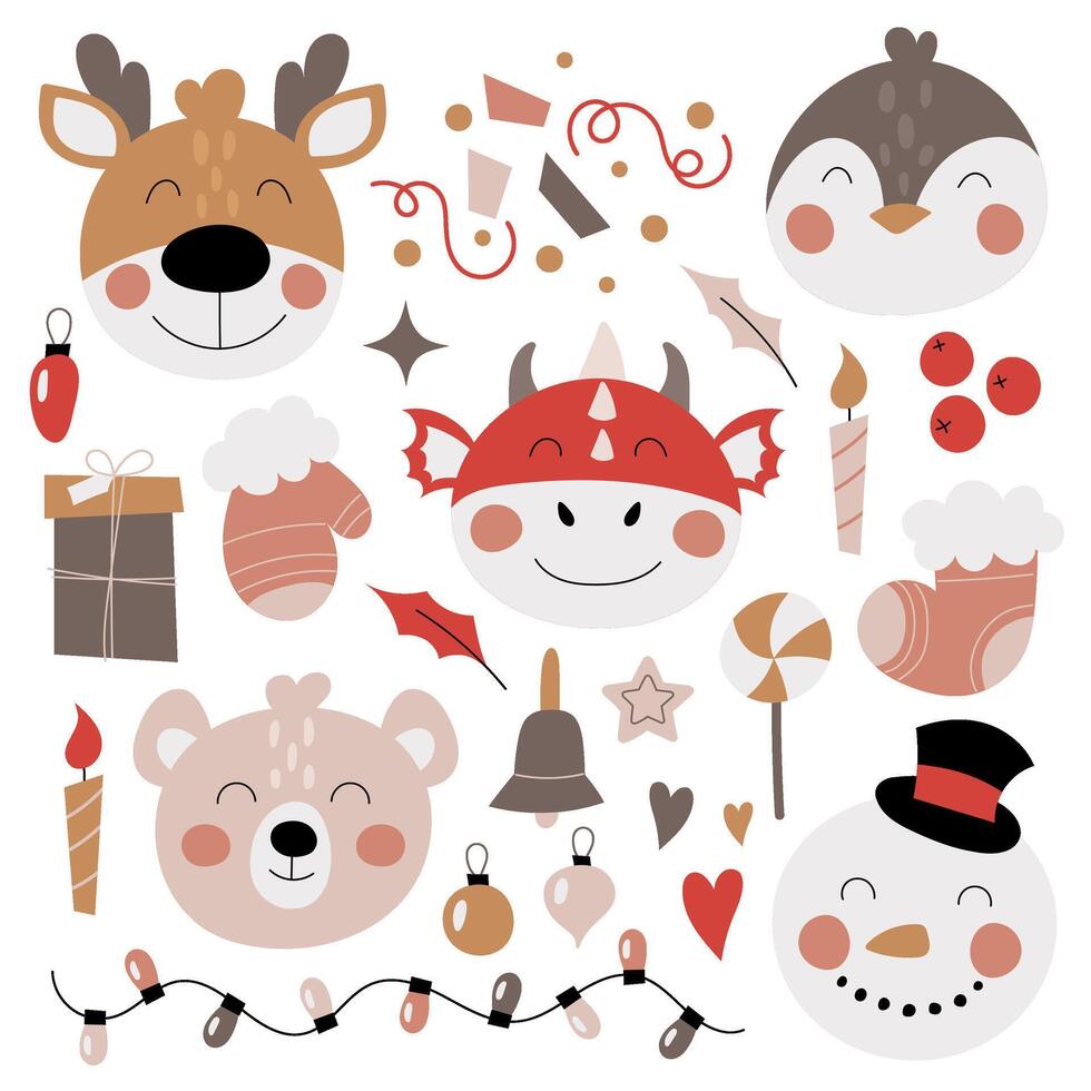 conjunto de linda pequeño animales con Navidad decorativo elementos en plano estilo. para niños garabatear mano dibujado en dibujos animados estilo. vector