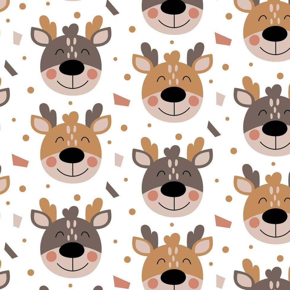 Pattern with a cute deer. Background with deer and confetti in flat style. Children print. vector