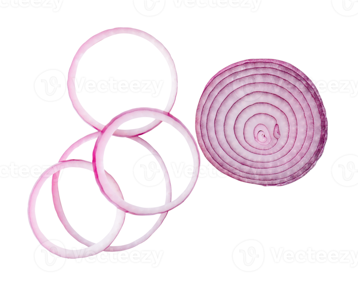 Fresh red or purple onion slices and half isolated with clipping path in png file format