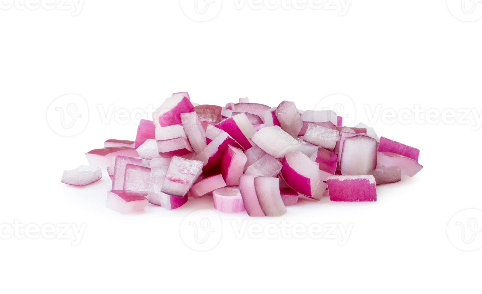 Red onion chopped in stack isolated with clipping path and shadow in png file format