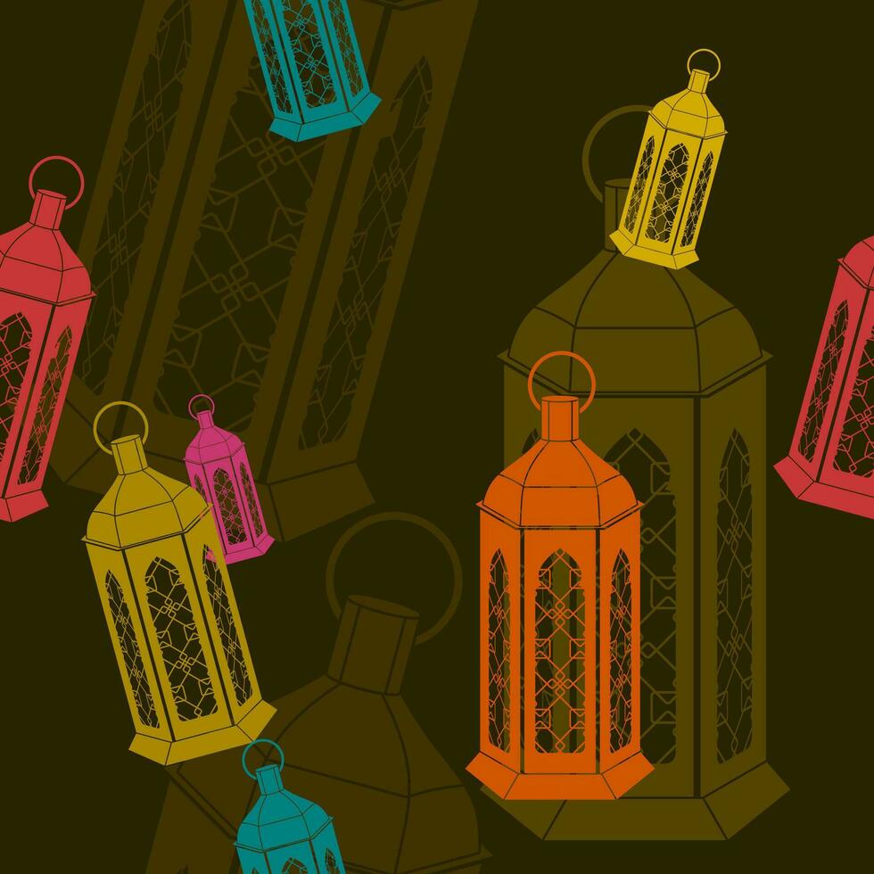 Editable Flat Monochrome Style Arabian Lamps Vector Illustration With Various Colors as Seamless Pattern With Dark Background for Islamic Occasional Theme Such as Ramadan and Eid or Arab Culture