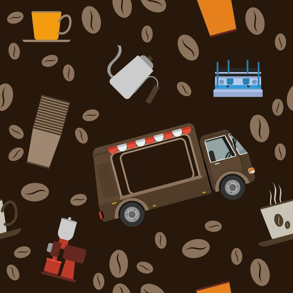 editable móvil café camioneta tienda con Café exprés máquina y fabricación de cerveza equipo vector ilustración sin costura modelo en plano estilo con oscuro antecedentes para café relacionado concepto propósitos