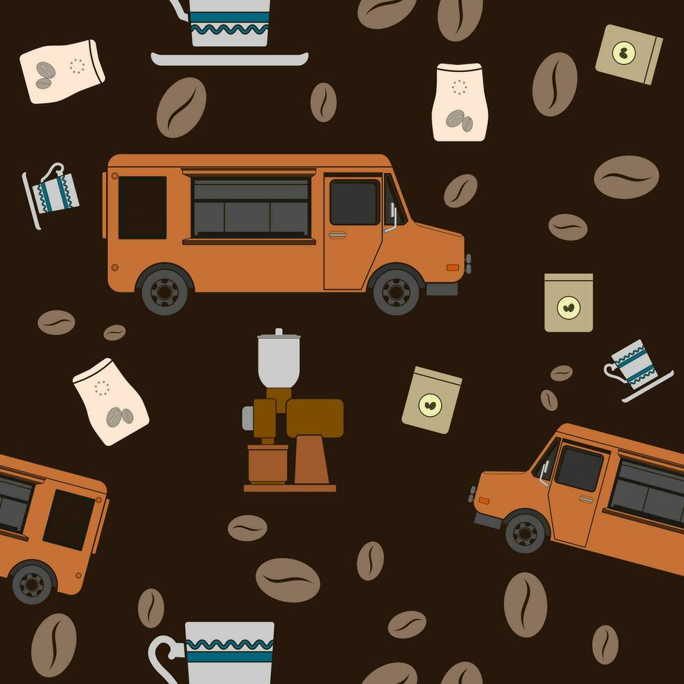 Editable Side View Mobile Coffee Van Shop With Brewing Equipment Vector Illustration Seamless Pattern in Flat Style With Dark Background for Cafe Related Concept Purposes